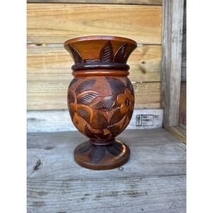Vintage Hand Carved Wood‎  Bud Vase Folk Art Decor Flower Donkey Palm Design